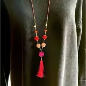 Lauren Conrad Long pink and red beaded tassel necklace with gold metal chain